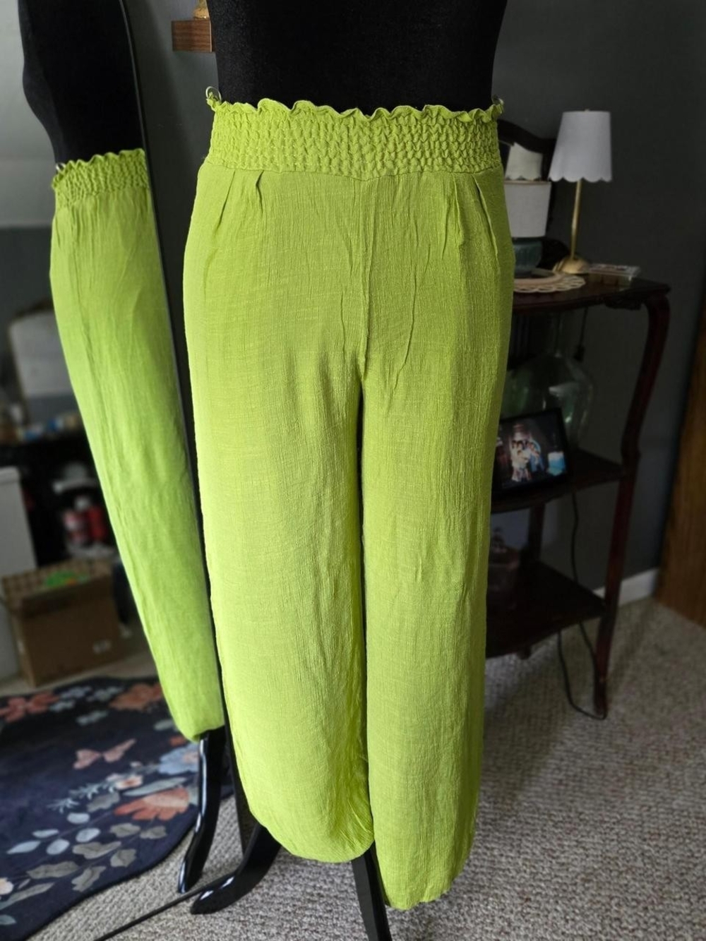 Fashion Nova Lime Green Smocked-Waist Wide-Leg Pants